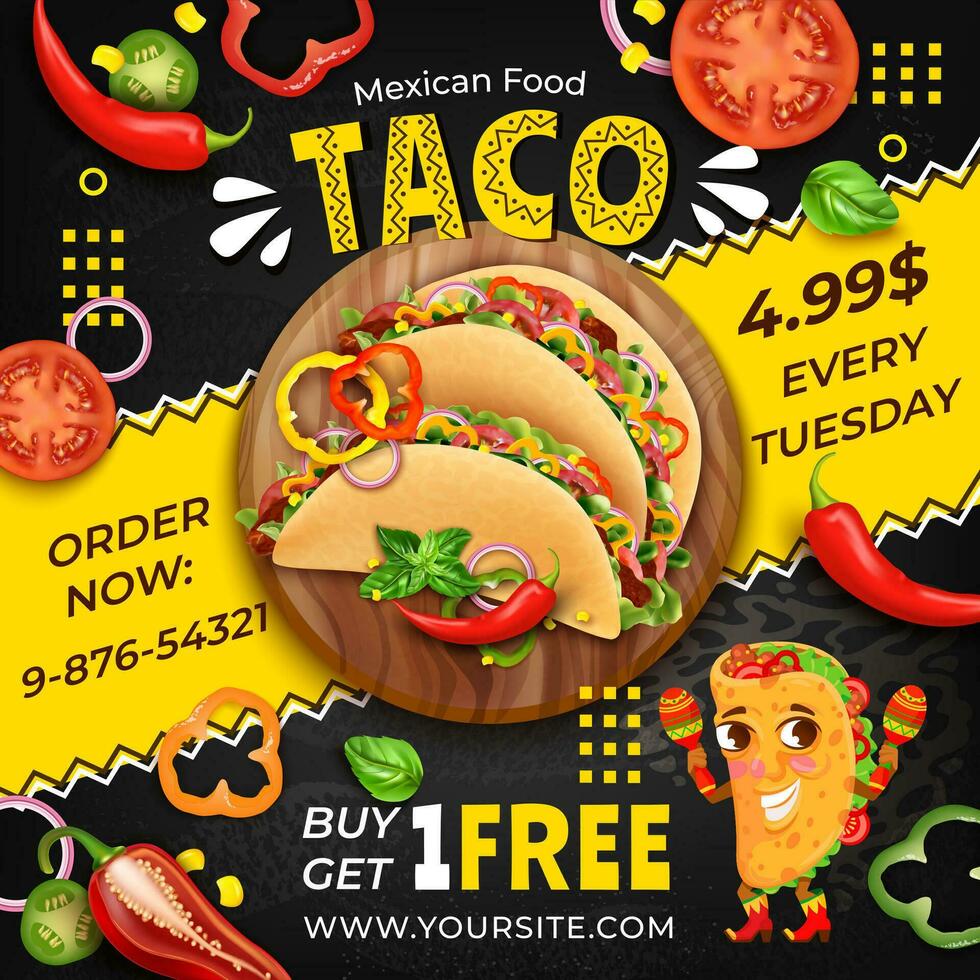 realistisk detaljerad 3d tacos mexikansk mat annonser baner begrepp affisch kort. vektor