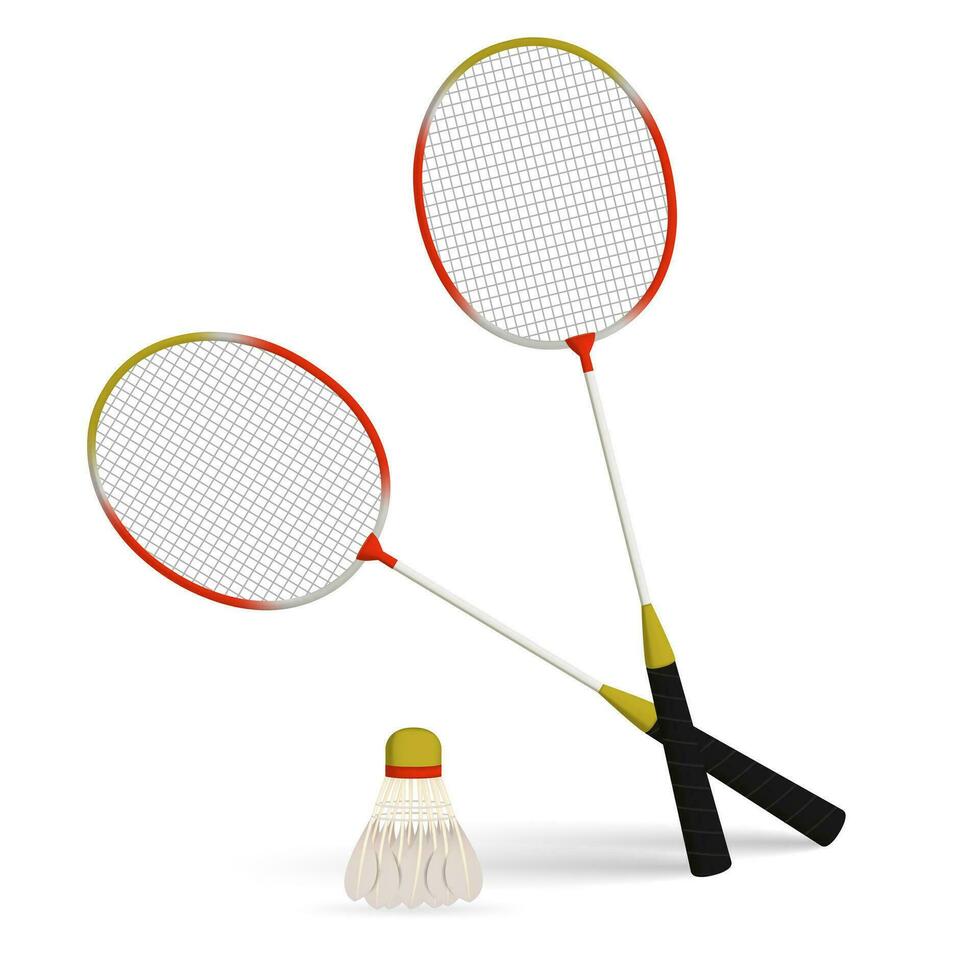realistisch detailliert 3d Badminton Schläger und Federball Satz. Vektor