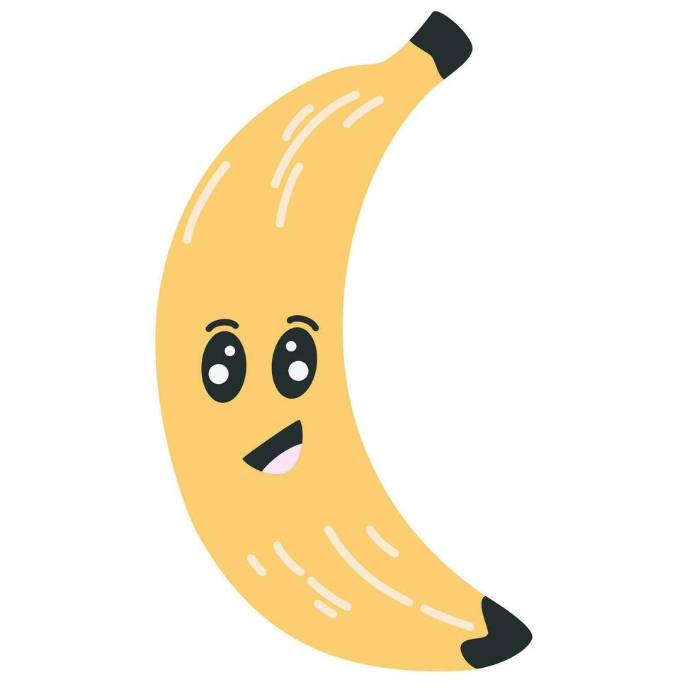 Banane Charakter Symbol mit Smiley Gesicht. Hand gezeichnet Karikatur Gekritzel im einfach naiv Stil. Vektor Abbildungen im ein Pastell- Palette zum Kinder. isolieren süß Obst auf ein Weiß Hintergrund