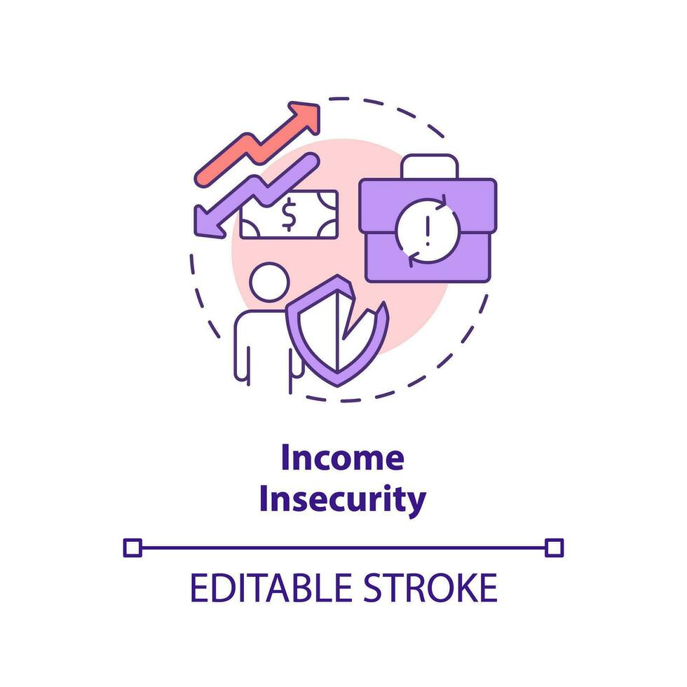 inkomst osäkerhet begrepp ikon. försenad betalning. ekonomisk kris. frilans arbete. själv anställd. finansiell risk abstrakt aning tunn linje illustration. isolerat översikt teckning. redigerbar stroke vektor