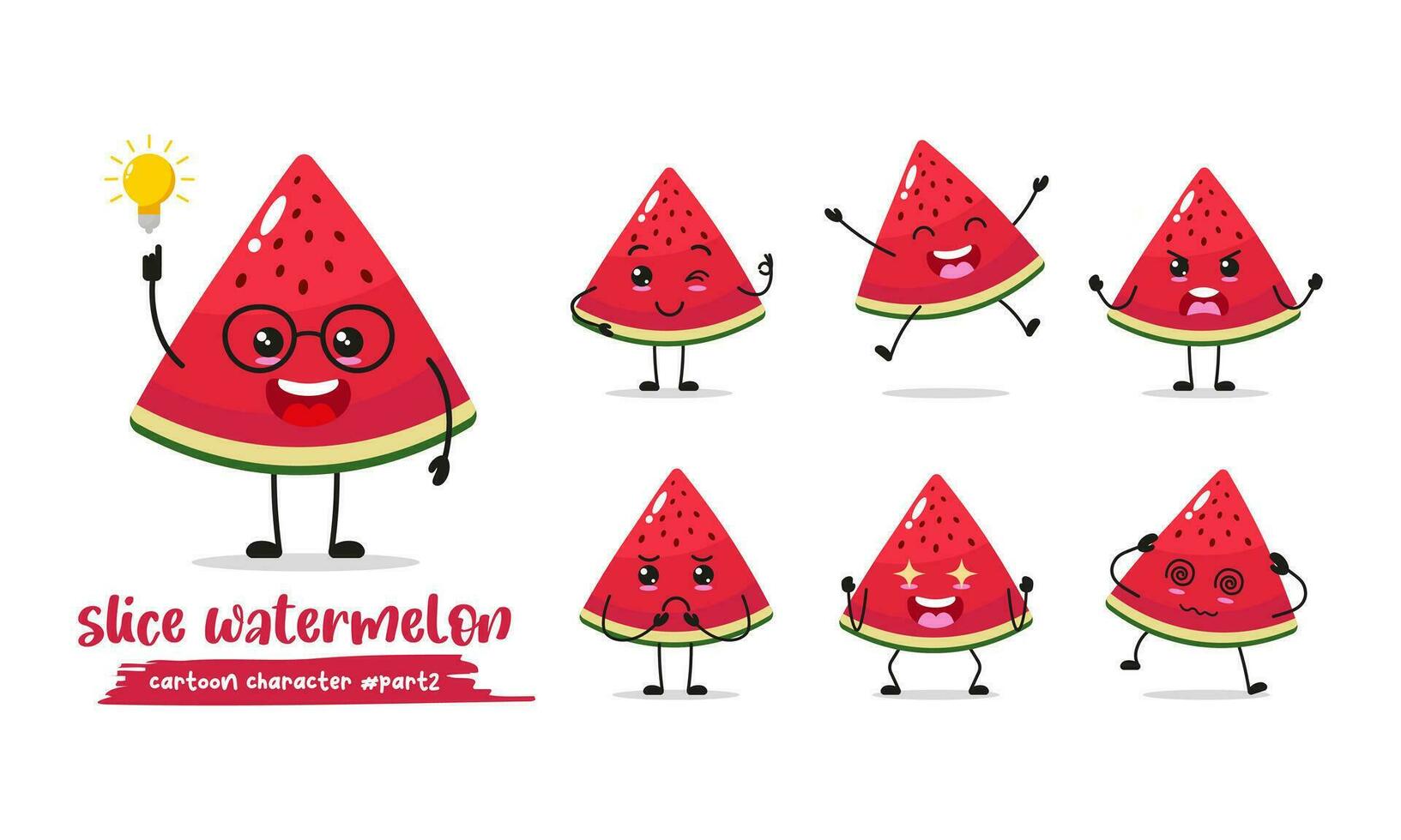 komisch Scheibe Wassermelone Karikatur mit viele Ausdrücke. anders Obst Aktivität Vektor Illustration eben Design. Clever Wassermelone zum Kinder Geschichte Buch.