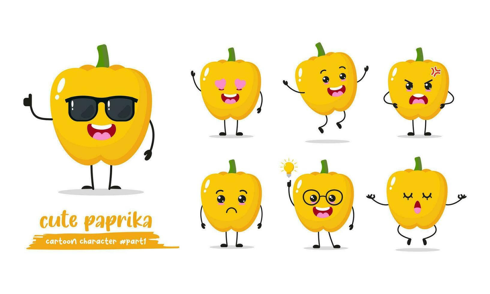 gul paprika tecknad serie med många uttryck. annorlunda vegetabiliska aktivitet vektor illustration platt design. smart paprika för barn berättelse bok.