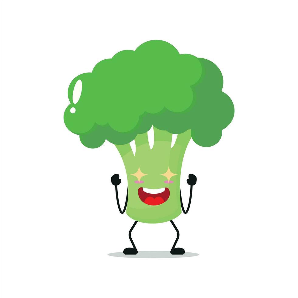 süß aufgeregt Brokkoli Charakter. komisch elektrisierend Brokkoli Karikatur Emoticon im eben Stil. Gemüse Emoji Vektor Illustration