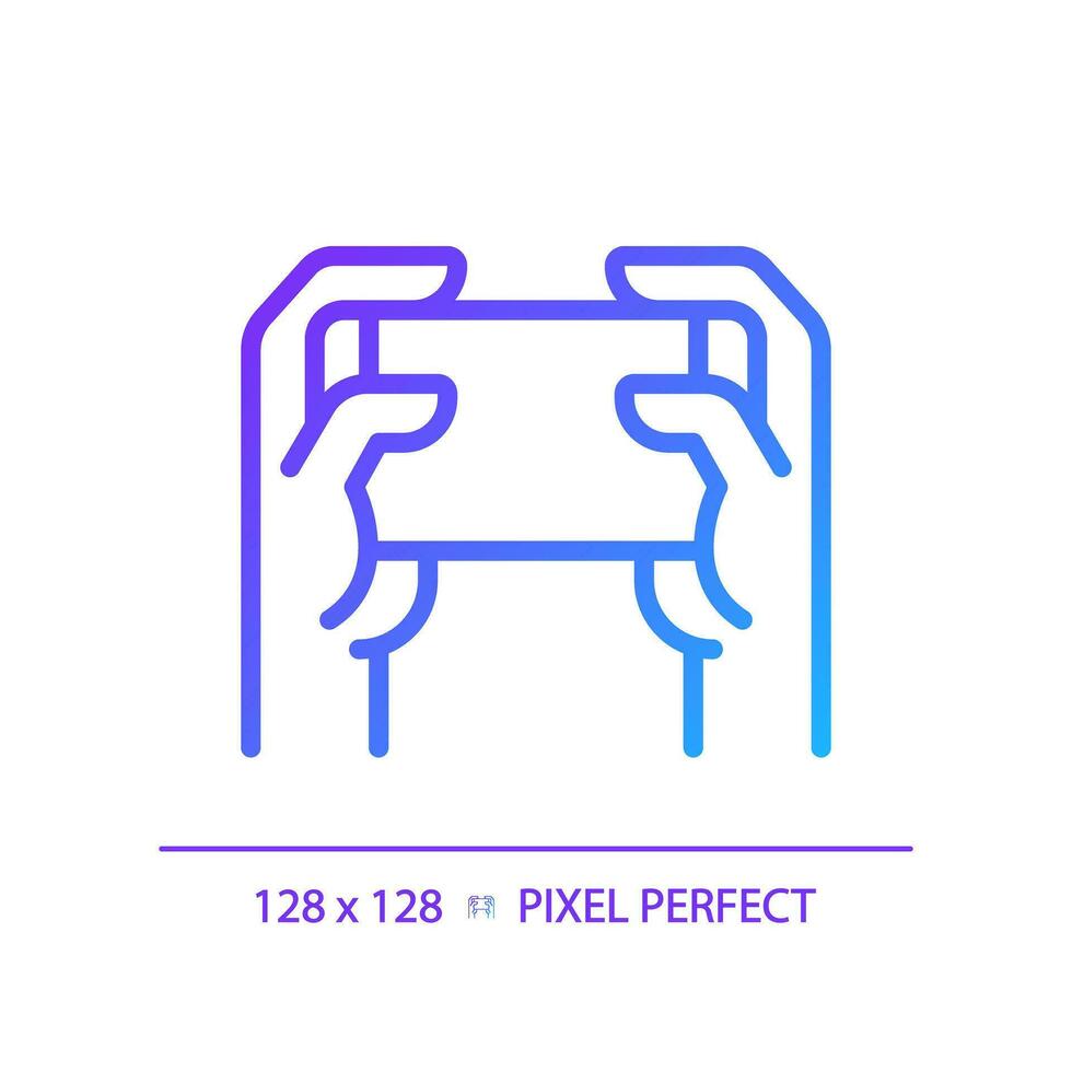 innehav smartphone med två händer pixel perfekt lutning linjär vektor ikon. spelar video spel. bekväm enhet. tunn linje Färg symbol. modern stil piktogram. vektor isolerat översikt teckning