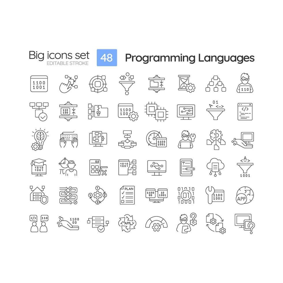 programmering språk linjär ikoner uppsättning. programvara utveckling. maskin inlärning. artificiell intelligens. anpassningsbar tunn linje symboler. isolerat vektor översikt illustrationer. redigerbar stroke