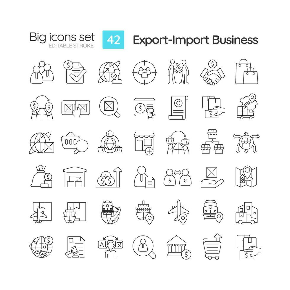 Export importieren Geschäft linear Symbole Satz. International handeln. global Logistik. Luft Ladung. Fracht Weiterleitung. anpassbar dünn Linie Symbole. isoliert Vektor Gliederung Illustrationen. editierbar Schlaganfall