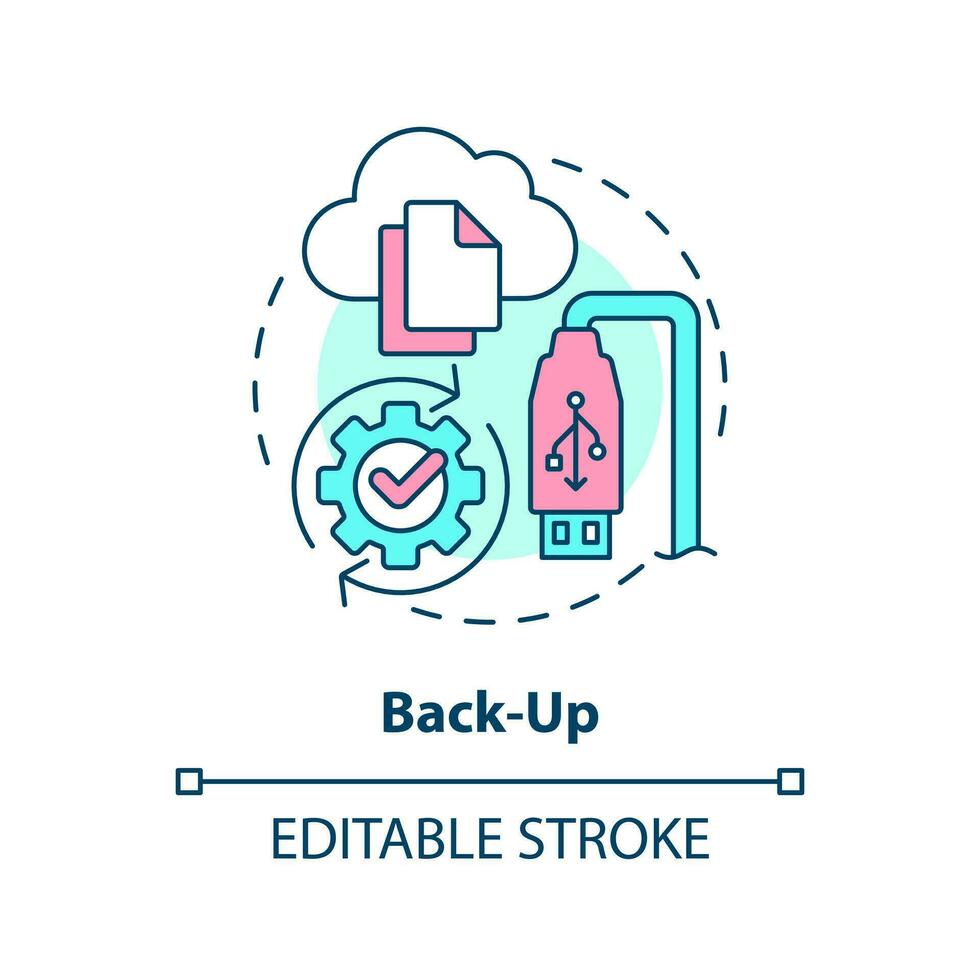 Backup Konzept Symbol. abnehmbar Treiber. Wolke Lagerung. Art von Katastrophe Wiederherstellung abstrakt Idee dünn Linie Illustration. isoliert Gliederung Zeichnung. editierbar Schlaganfall vektor