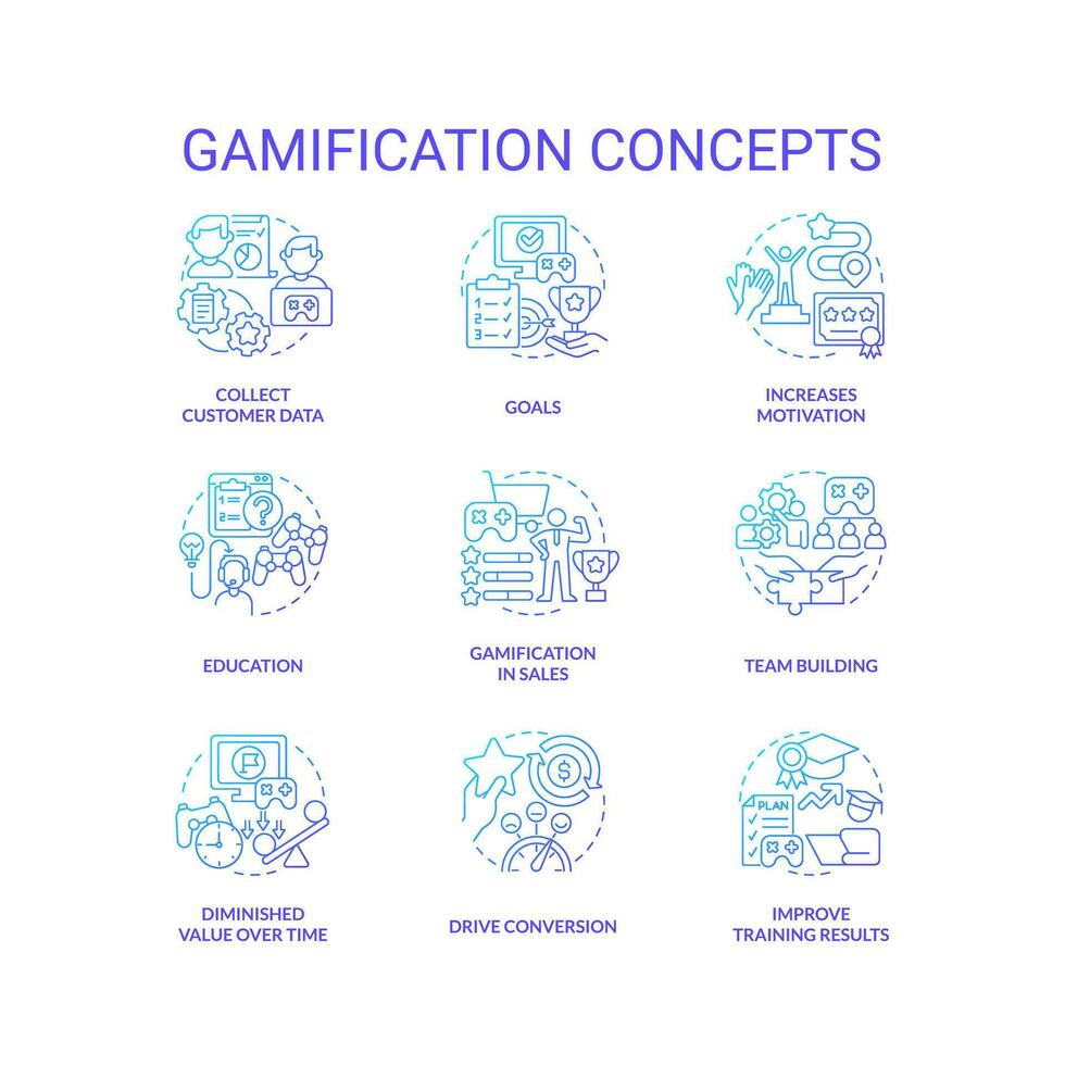 Gamification Blau Gradient Konzept Symbole Satz. Integration von abspielen Elemente im nicht Spiel Kontexte Idee dünn Linie Farbe Illustrationen. isoliert Symbole vektor