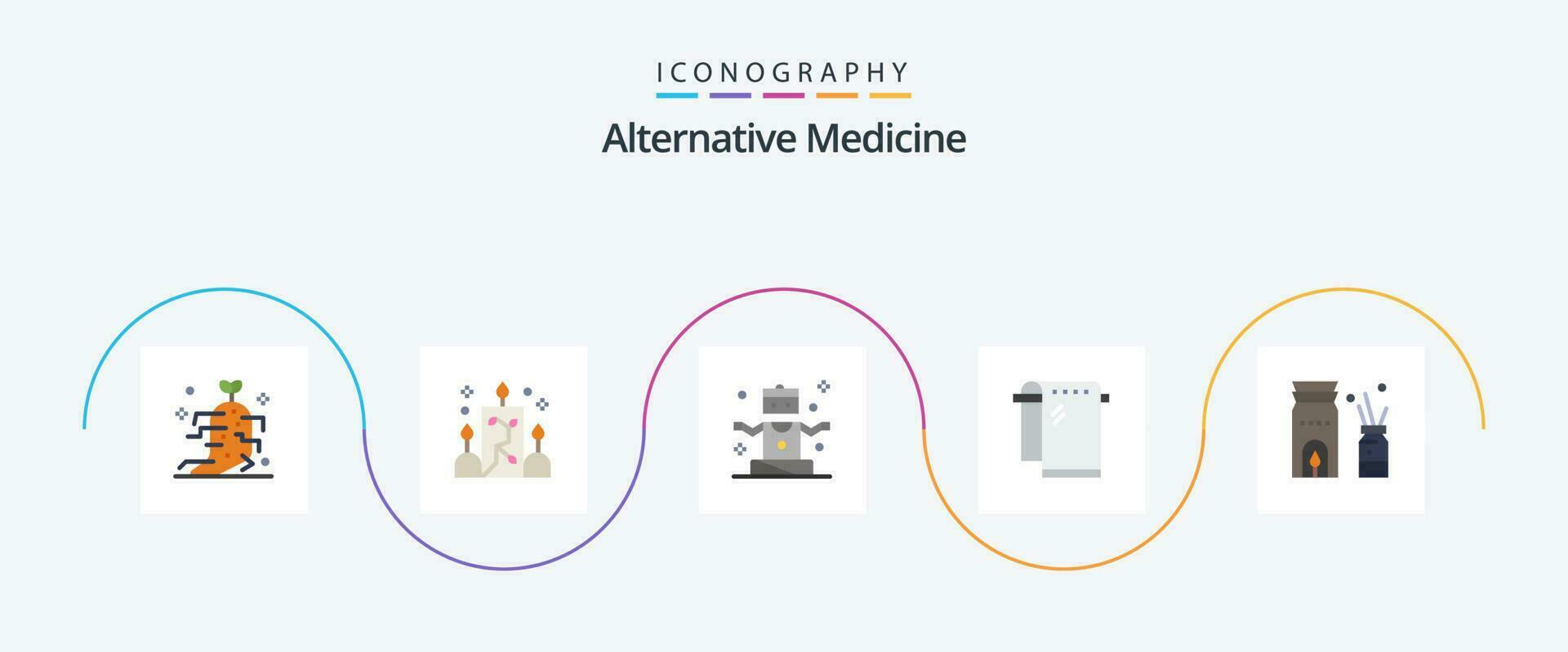 alternativ medicin platt 5 ikon packa Inklusive brännare. avtorkning. träning. handduk. bad vektor