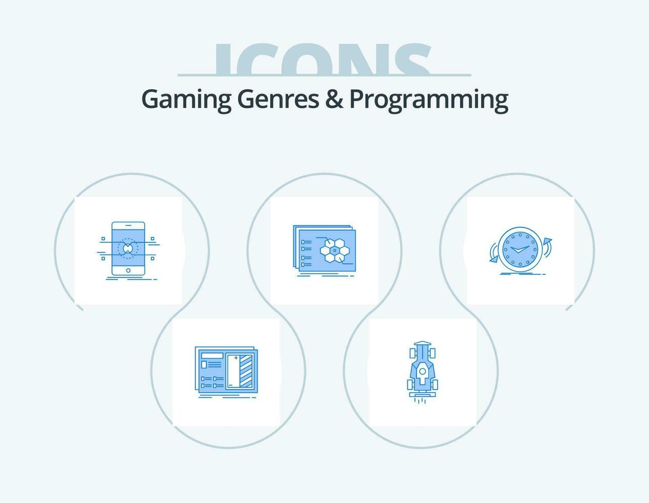 Spielen Genres und Programmierung Blau Symbol Pack 5 Symbol Design. Strategie. Spiel. Rennen. Smartphone. Handy, Mobiltelefon vektor