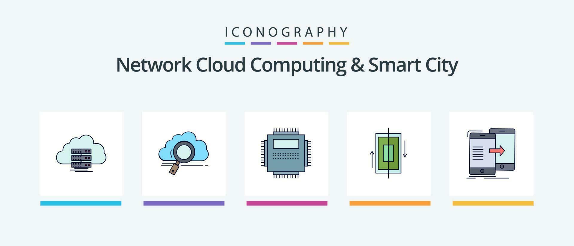 Netzwerk Wolke Computing und Clever Stadt Linie gefüllt 5 Symbol Pack einschließlich lan. Vision. Herstellung. Energie. kreativ Symbole Design vektor