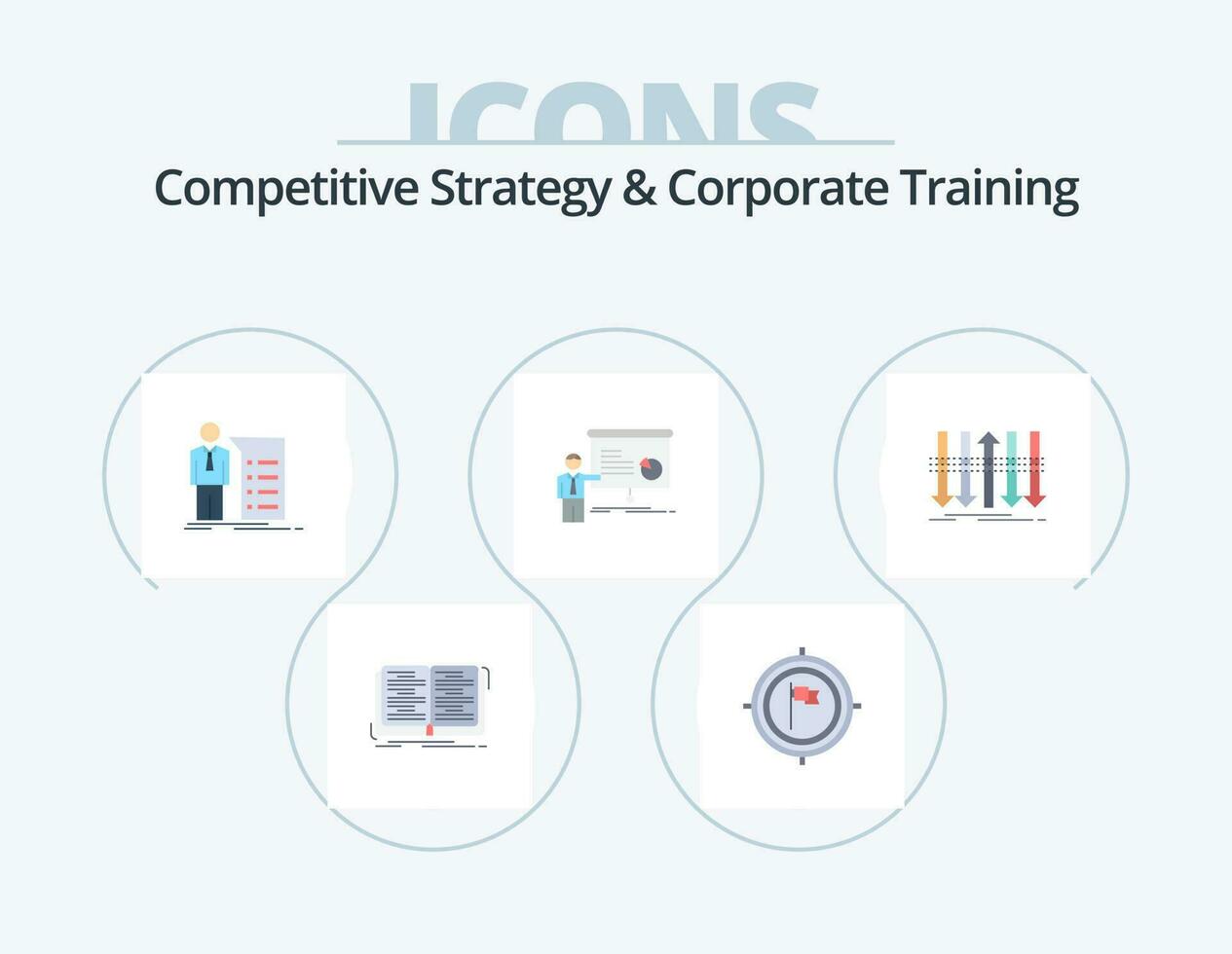 konkurrenskraftig strategi och företags- Träning platt ikon packa 5 ikon design. Rapportera. möte. fokus. Graf. möte vektor