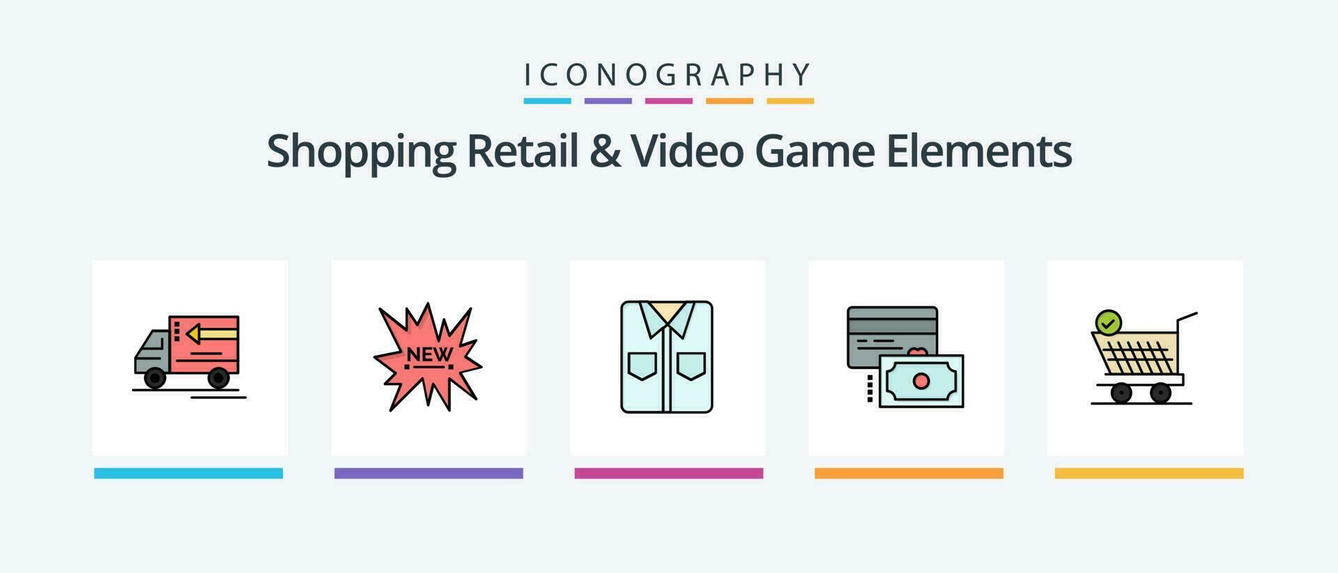 shoping detaljhandeln och video spel element linje fylld 5 ikon packa Inklusive försäljning. märka. handla. handla. betalning. kreativ ikoner design vektor