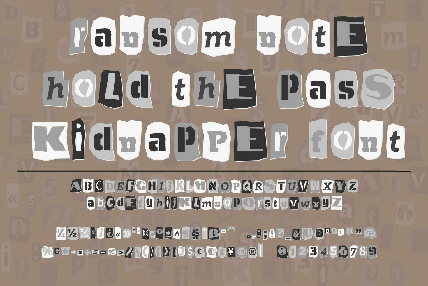 grau Lösegeld Collage Stil Briefe Zahlen und Interpunktion Markierungen Schnitt von Zeitungen und Zeitschriften. Jahrgang ABC Sammlung. Rot, Weiß und schwarz Punk Alphabet Typografie Vektor Illustration