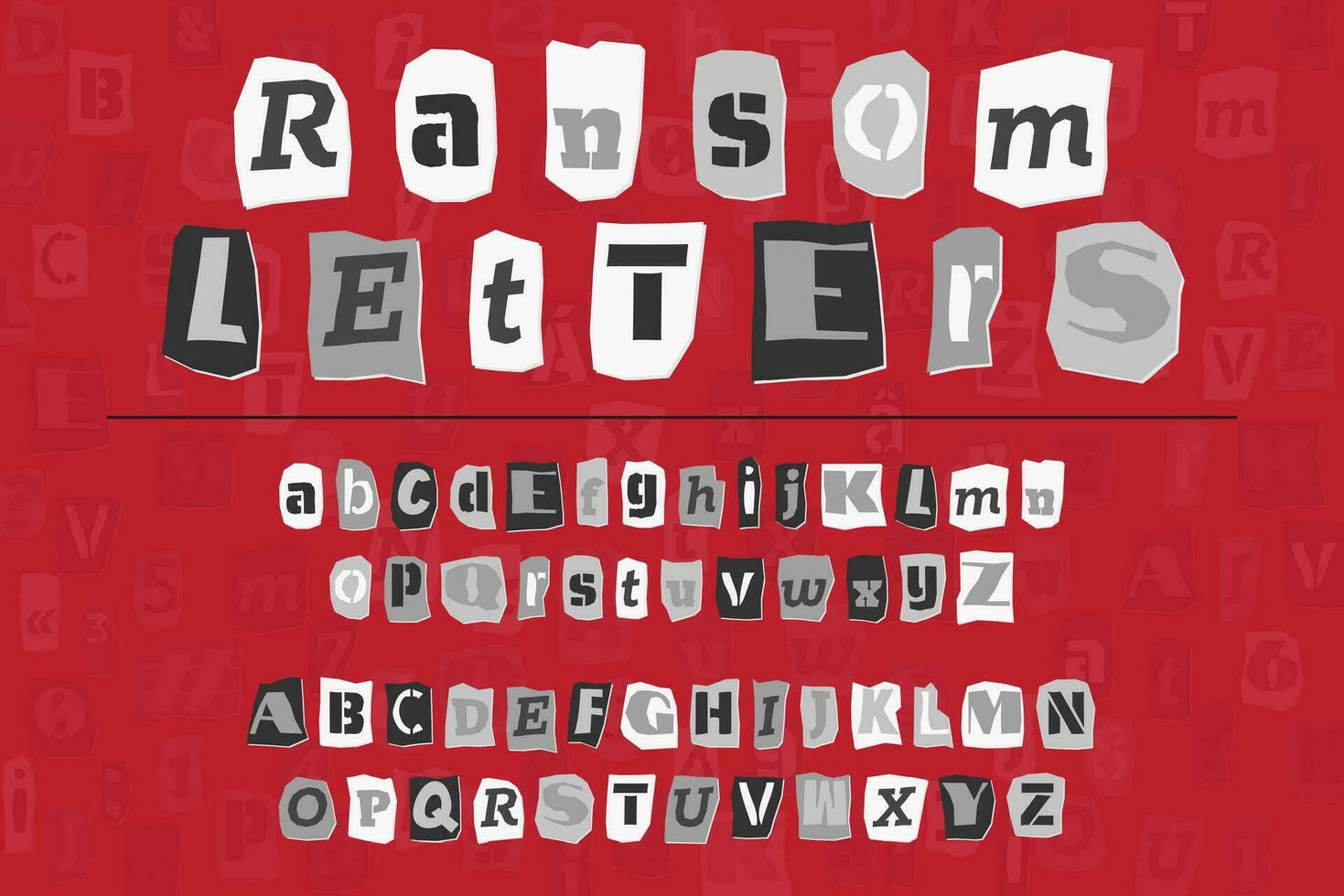 grå lösen collage stil brev tal och skiljetecken märken skära från tidningar och tidningar. årgång ABC samling. röd, vit och svart punk- alfabet typografi vektor illustration