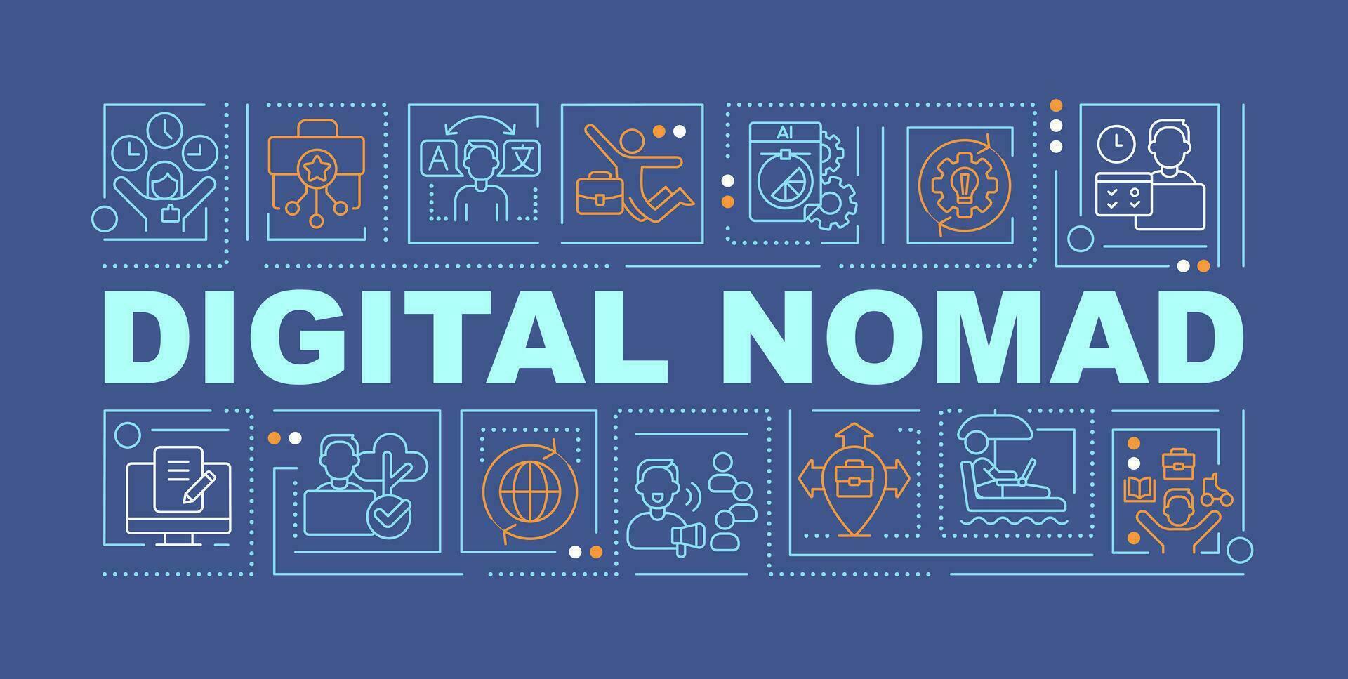 digital nomad ord begrepp mörk blå baner. arbete och resa. infographics med redigerbar ikoner på Färg bakgrund. isolerat typografi. vektor illustration med text
