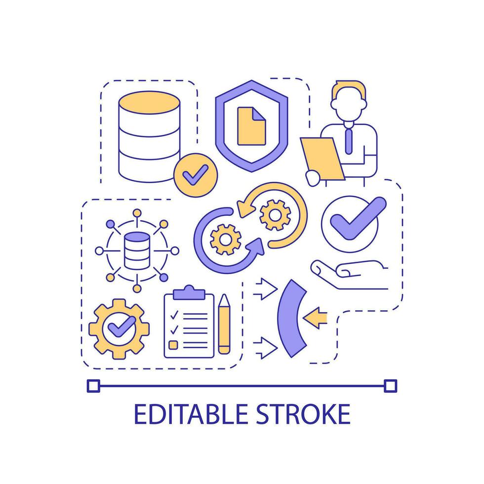 Datenbank Verwaltung Konzept Symbol. Information Lager Verordnung. System Analytik. Optimierung abstrakt Idee dünn Linie Illustration. isoliert Gliederung Zeichnung. editierbar gestreichelt vektor