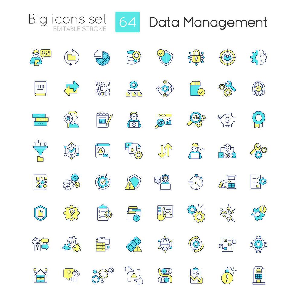 data förvaltning rgb Färg ikoner uppsättning. information styrning. databas systemet. isolerat vektor illustrationer. enkel fylld linje ritningar samling. redigerbar stroke Begagnade
