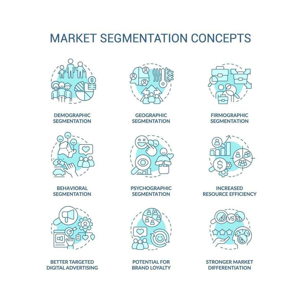 Markt Segmentierung Blau Konzept Symbole Satz. Teilen im Gruppen. Ziel Publikum Idee dünn Linie Farbe Illustrationen. isoliert Symbole. editierbar Schlaganfall vektor