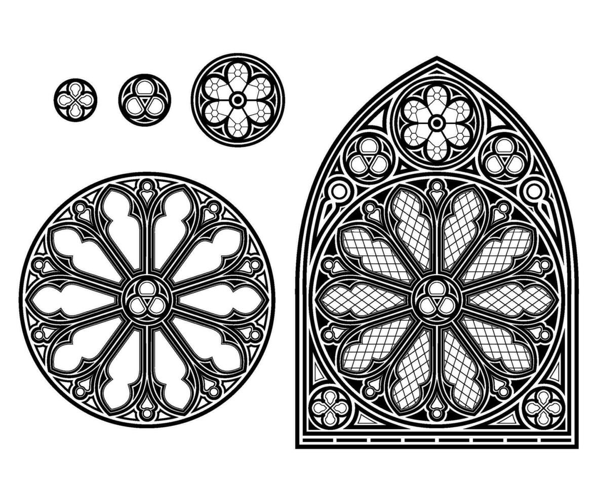 medeltida gotik färgade glas katedral fönster uppsättning vektor