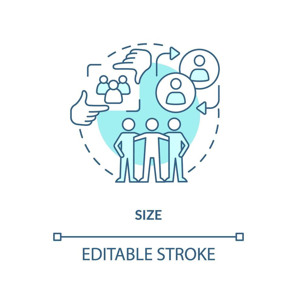 storlek turkos begrepp ikon. mikro gemenskap. enskild närma sig. social nätverk. människor förbindelse. små grupp abstrakt aning tunn linje illustration. isolerat översikt teckning. redigerbar stroke vektor