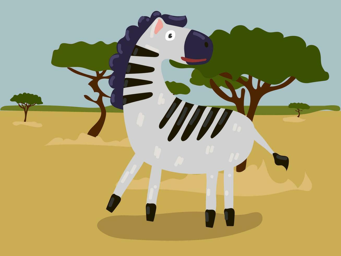 illustration av en tecknad serie zebra i de safari, öken. savann med en rolig zebra. en randig häst i dess vanliga plats av bostad. barns illustration, utskrift för barns böcker vektor
