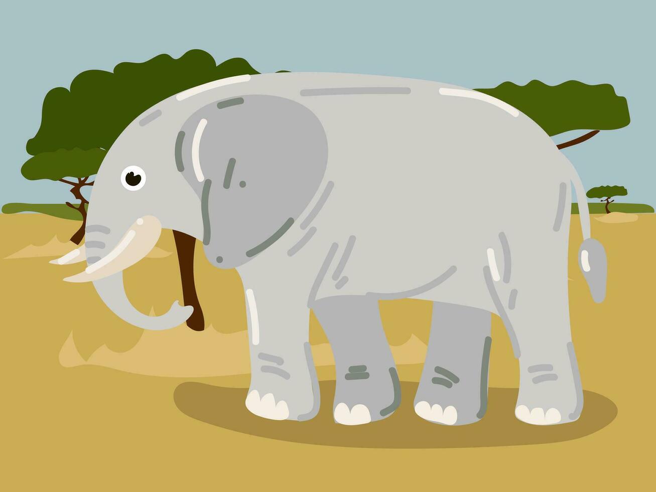 illustration av en tecknad serie elefant i thesafari, öken. savann med en rolig stor elefant. en grå elefant i dess livsmiljö. barns illustration, utskrift för barns böcker vektor