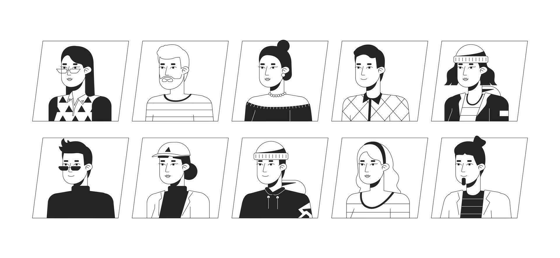 ung caucasian människor svart vit tecknad serie avatar ikoner bunt. redigerbar 2d användare porträtt linjär illustrationer. isolerat vektor ansikte profil cliparts. userpic samling, människor huvud och axlar