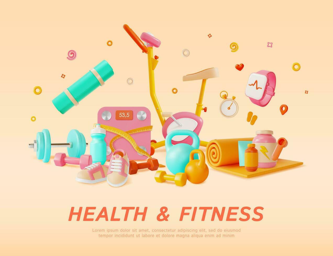 3d Gesundheit und Fitness Produkte Anzeigen Banner Konzept Poster Karte Karikatur Stil. Vektor