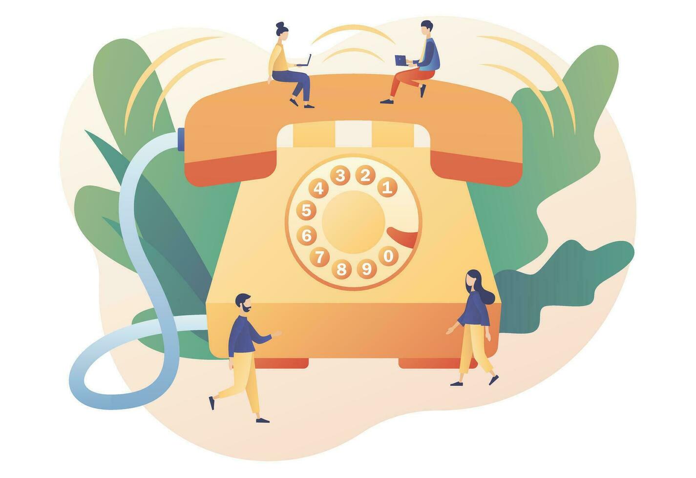 groß retro Telefon und winzig Personen. Telefon Forderung. eingehend Anruf Konzept. Kommunikation Gerät. modern eben Karikatur Stil. Vektor Illustration auf Weiß Hintergrund