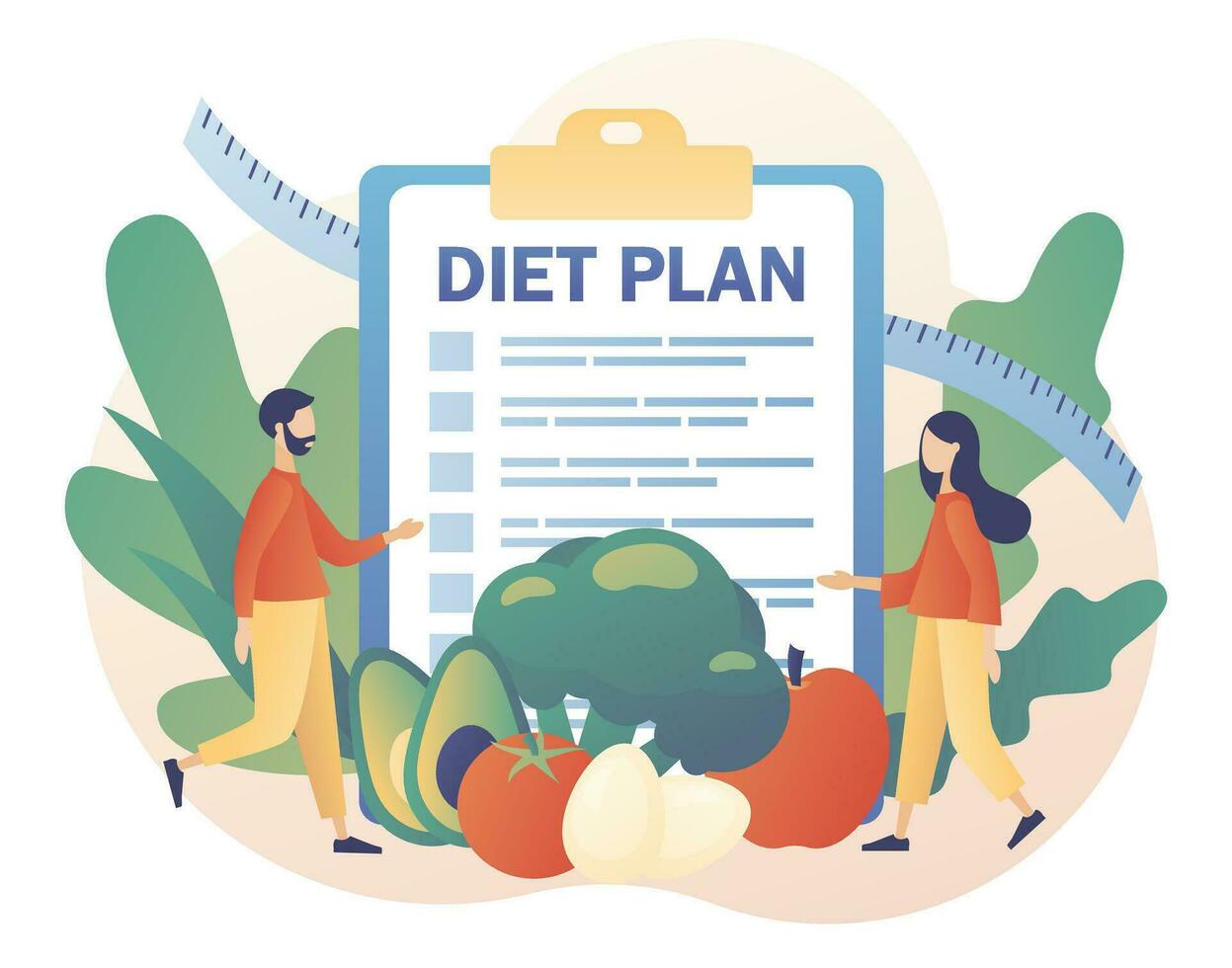 diet planen med friska mat med grönsaker, frukt och fysisk aktivitet. näring diet. friska livsstil. dietist uppkopplad. modern platt tecknad serie stil. vektor illustration på vit bakgrund