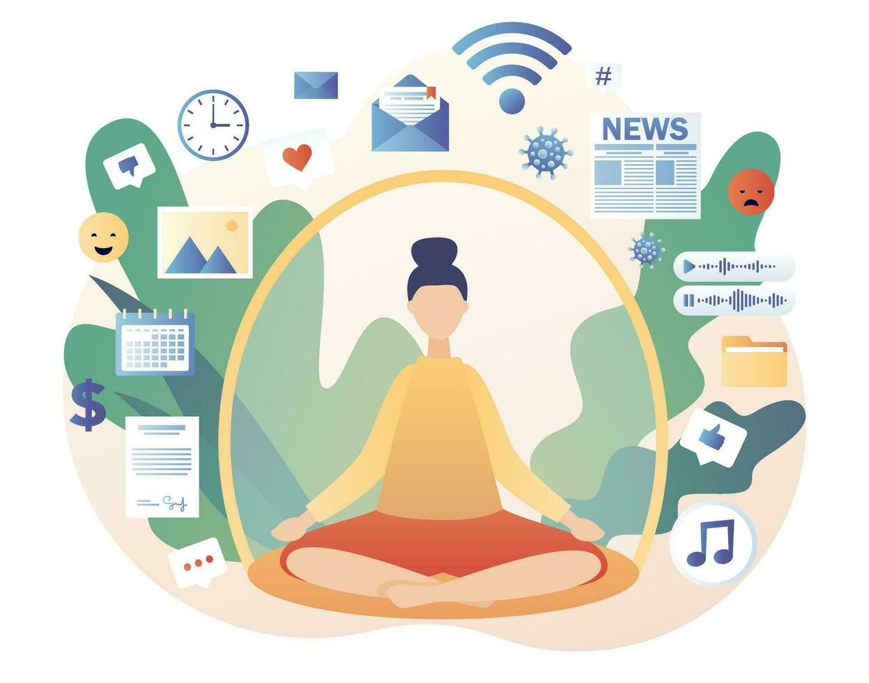 Kuppel Filter schützt Frau von nicht notwendig Information. Information Entgiftung. Digital Entgiftung. Information Überlast Konzept. Meditation. modern eben Karikatur Stil. Vektor Illustration auf Weiß Hintergrund