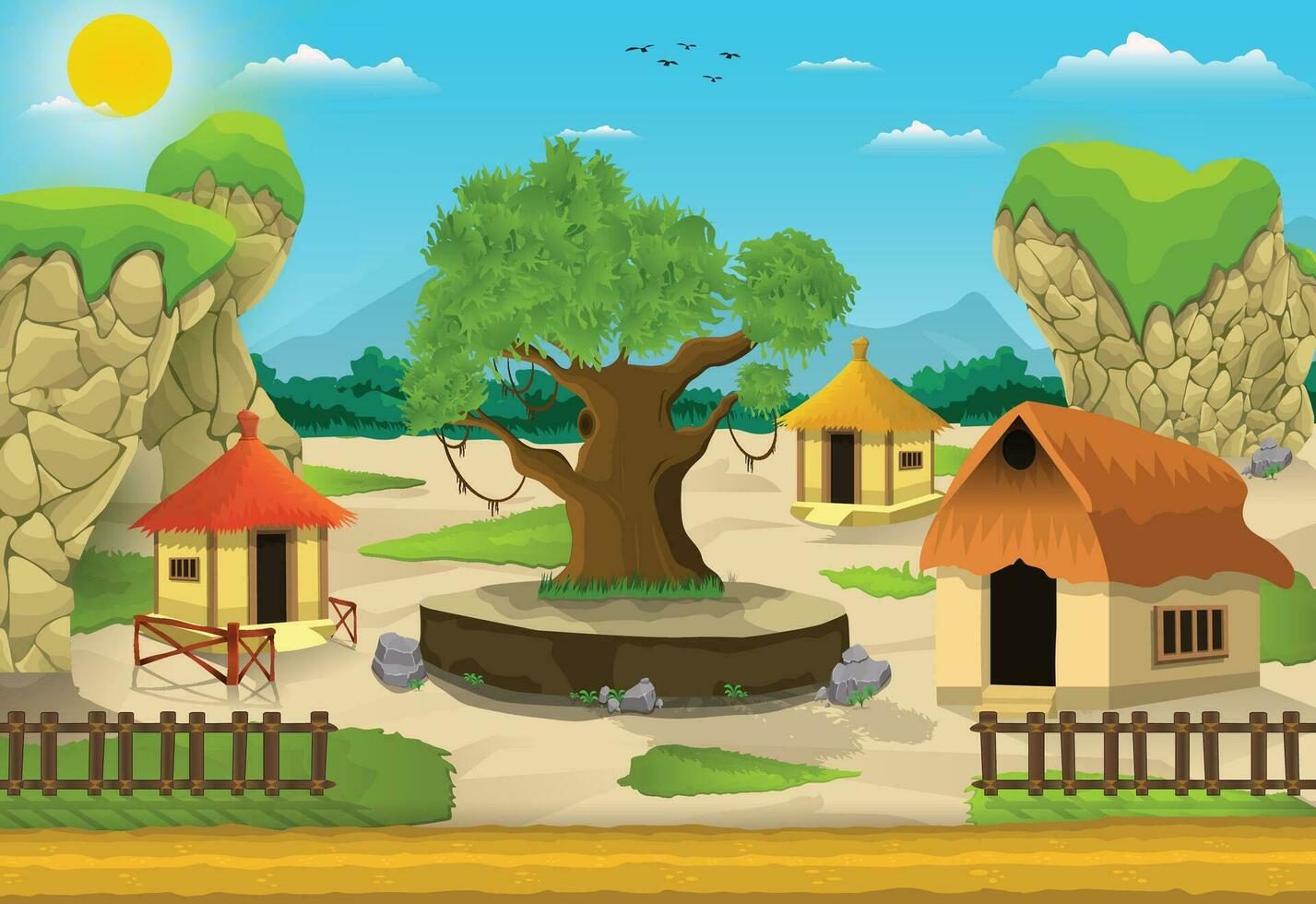 vektor illustration av landsbygden skön afrikansk by tecknad serie bakgrund av grön ängar och omgiven förbi träd och berg.