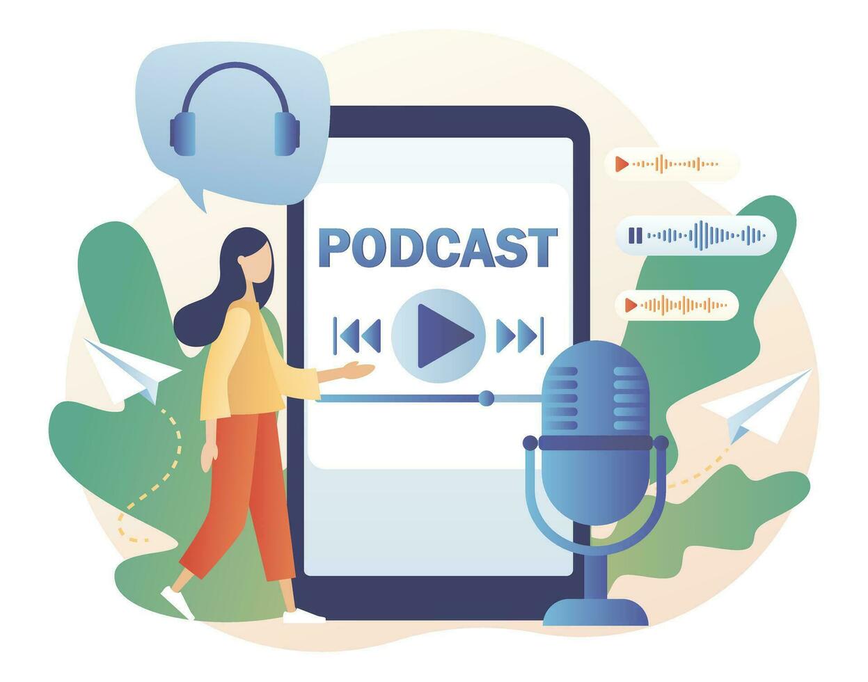 podcast begrepp. mycket liten kvinna lyssnande audio i smartphone app. uppkopplad Träning, radio visa eller audio blogg. modern platt tecknad serie stil. vektor illustration på vit bakgrund