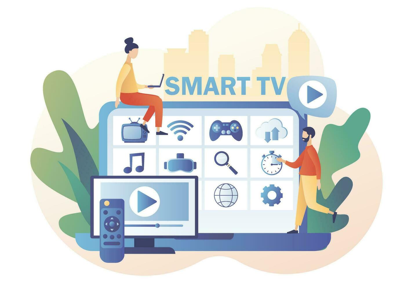 mycket liten kvinna Kolla på meny smart TV i smartphone app. modern tv teknologi. video, innehåll, tillämpningar på multimedia låda tv. modern platt tecknad serie stil. vektor illustration på vit bakgrund