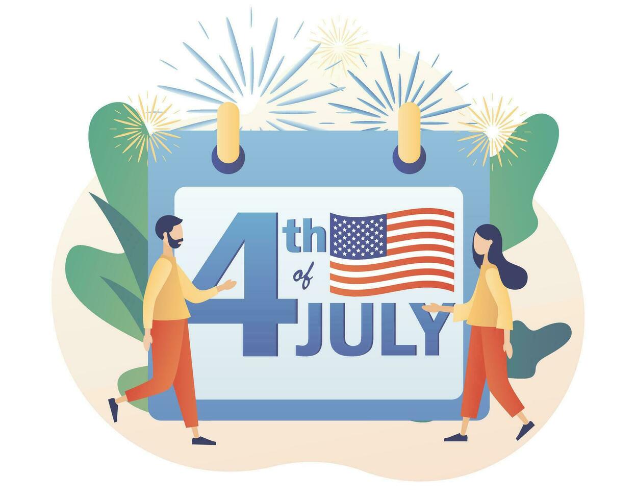 vierte von Juli. glücklich 4 .. von Juli - - Kalender Datum. winzig Menschen feiern vereinigt Zustände von Amerika Unabhängigkeit Tag. modern eben Karikatur Stil. Vektor Illustration auf Weiß Hintergrund