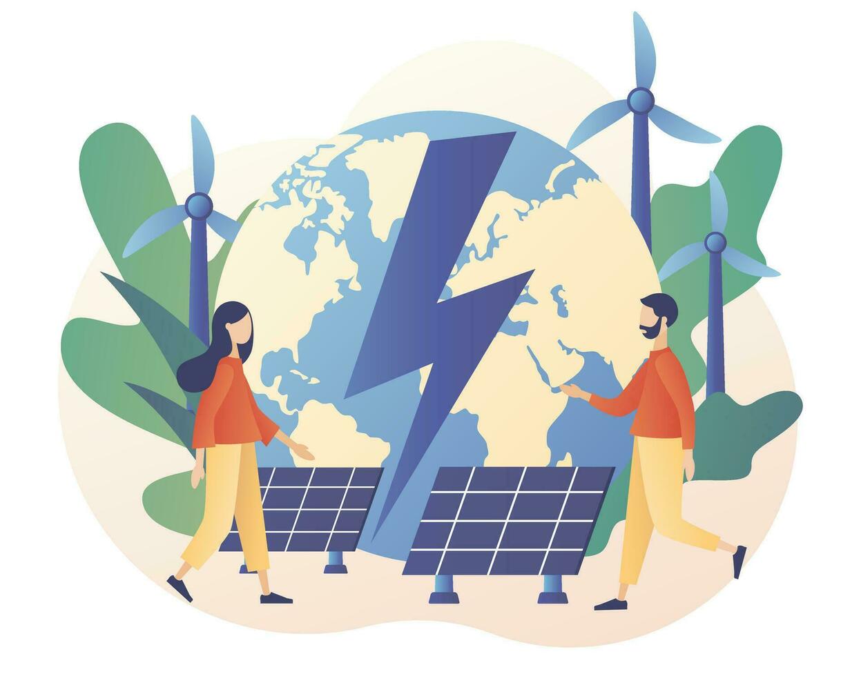 Grün Energie Konzept. verlängerbar Energie. global Öko Industrie. winzig Menschen auf Leistung Pflanze mit Solar- Paneele und Windmühlen. modern eben Karikatur Stil. Vektor Illustration auf Weiß Hintergrund