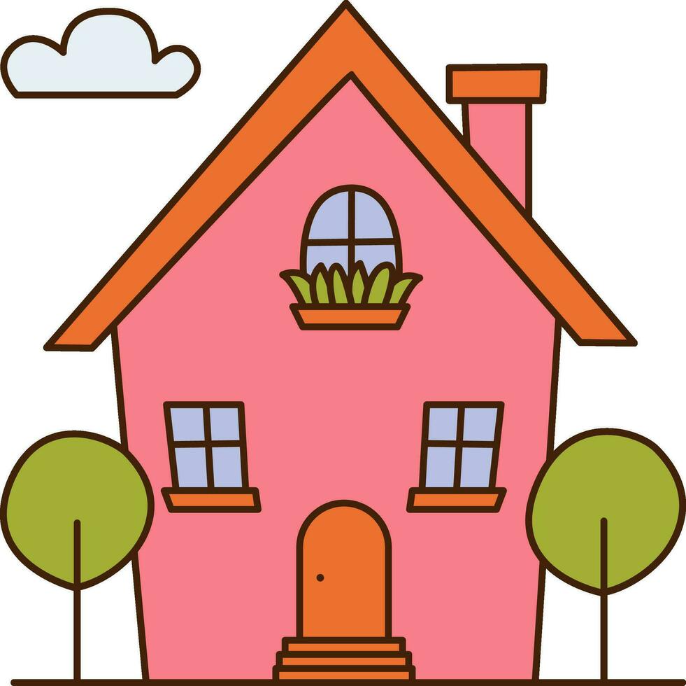 vektor tecknad serie rosa hus med två träd ikon. vektor skön hus med orange tak ikon.