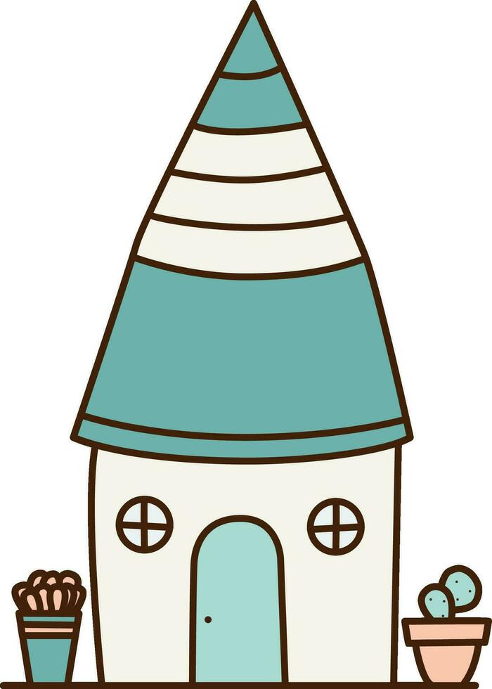 vektor vit hus med blå tak ikon. vektor små söt tecknad serie hus med kaktus ikon.