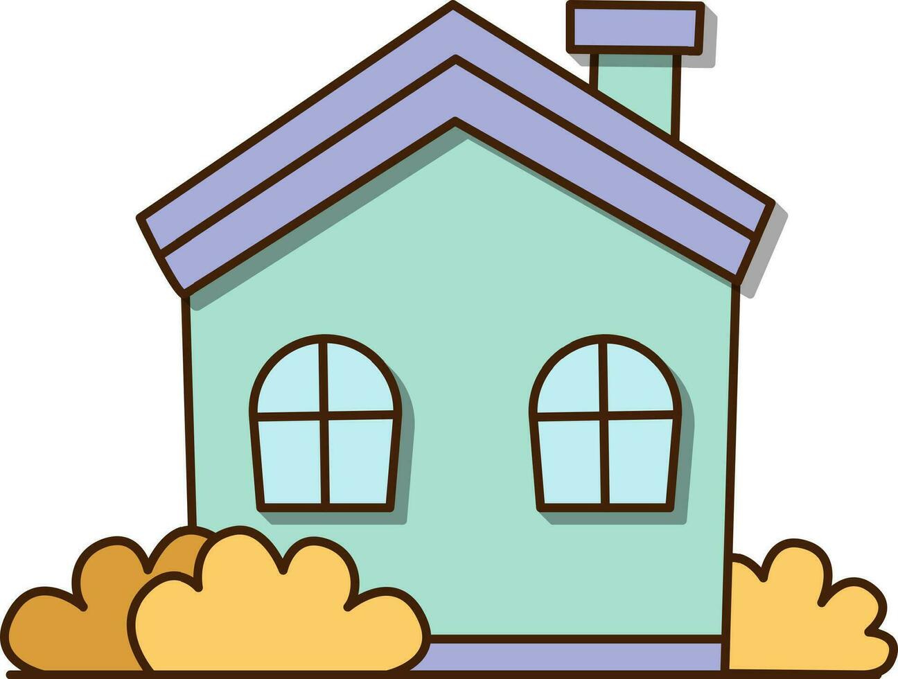 Vektor klein Blau Haus mit zwei Fenster und ein Tür Symbol. Vektor Haus mit Kamin und getrocknet Gebüsch, Herbst Symbol.