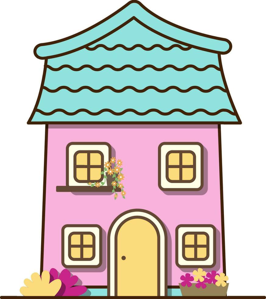 Vektor Rosa Haus mit vier Fenster Symbol. Vektor Haus mit Blumen und Gebüsch Symbol.