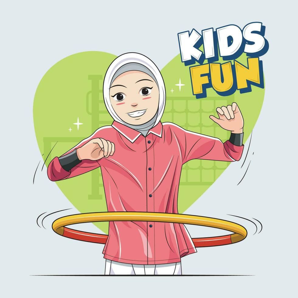 barn roligt. en liten flicka i hijab är Lycklig spelar hula ring vektor illustration fri ladda ner