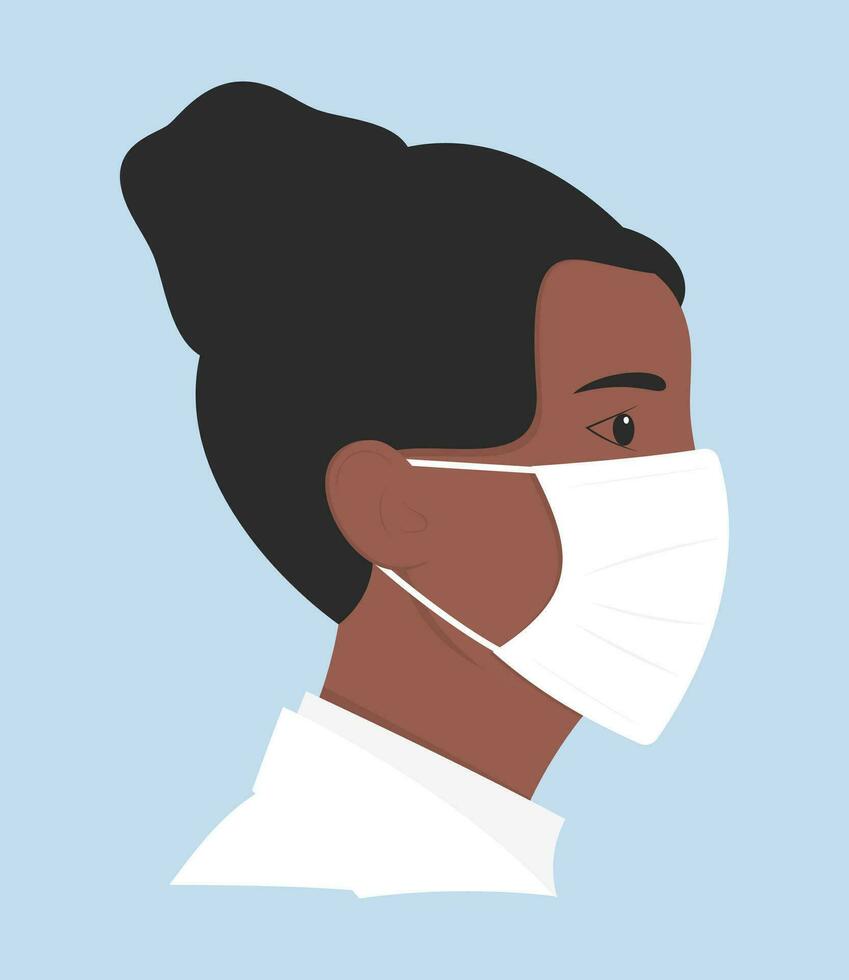 medizinisch Symbol von schwarz Frau Arzt oder Krankenschwester. Arzt im ein Maske. Klinik Krankenschwester Benutzerbild. eben Vektor Illustration isoliert auf Blau Hintergrund.