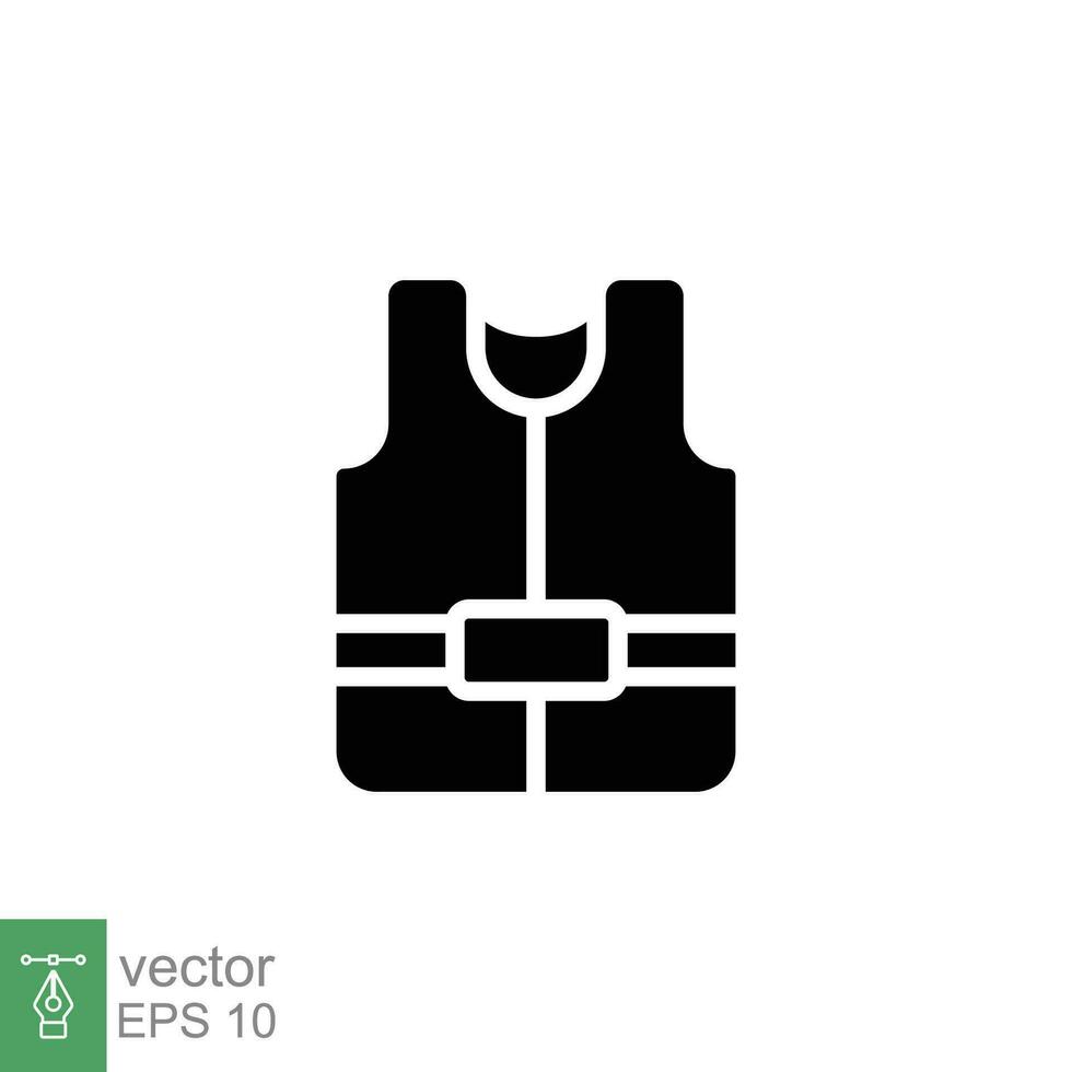 Leben Weste Symbol. einfach solide Stil. Sicherheit Jacke, Wasser Transport Sicherheit bewachen Ausrüstung Kontakt. schwarz Silhouette, Glyphe Symbol. Vektor Illustration isoliert auf Weiß Hintergrund. eps 10.