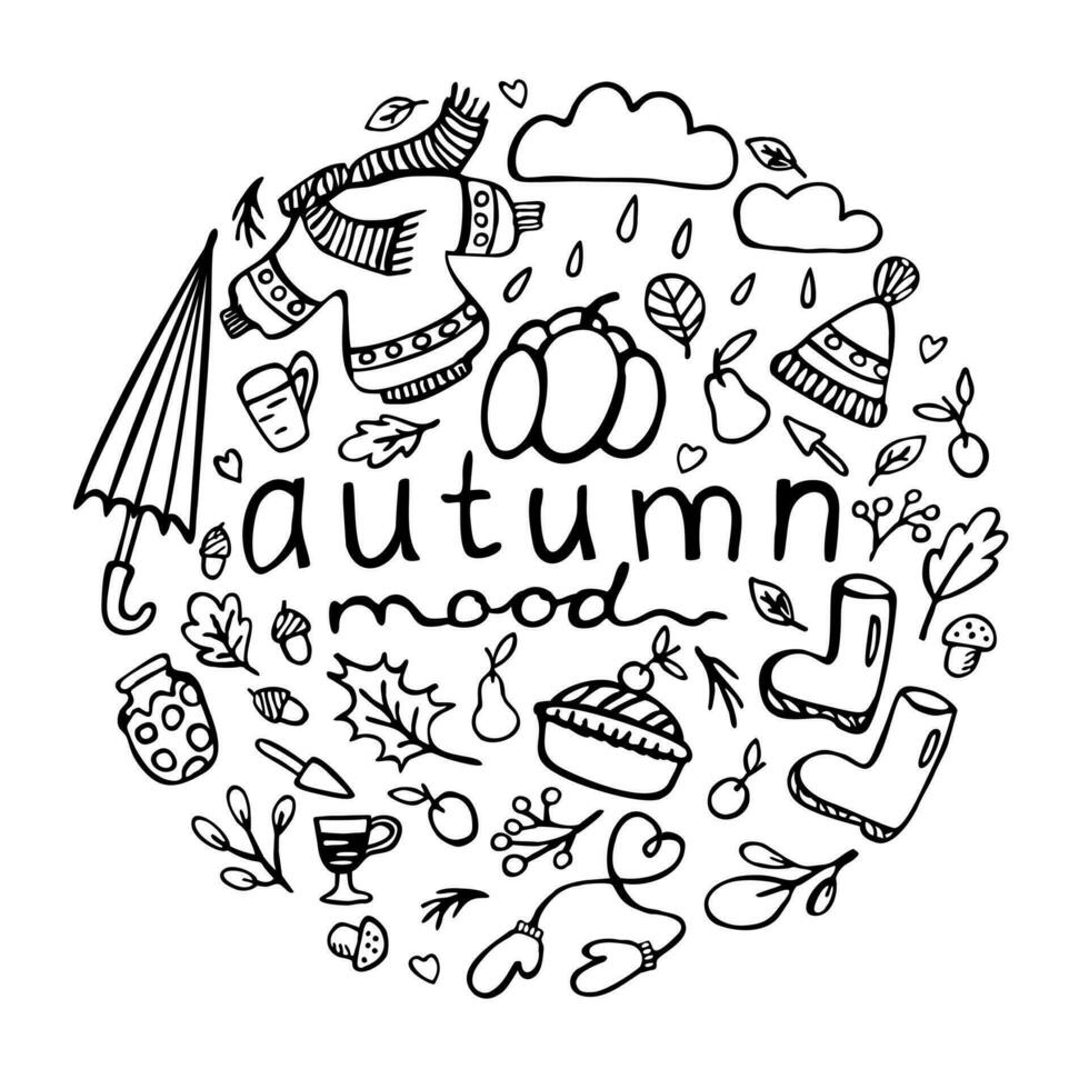 Herbst. Vektor Gekritzel einfarbig Illustration mit Beschriftung im ein Kreis. Herbst Stimmung