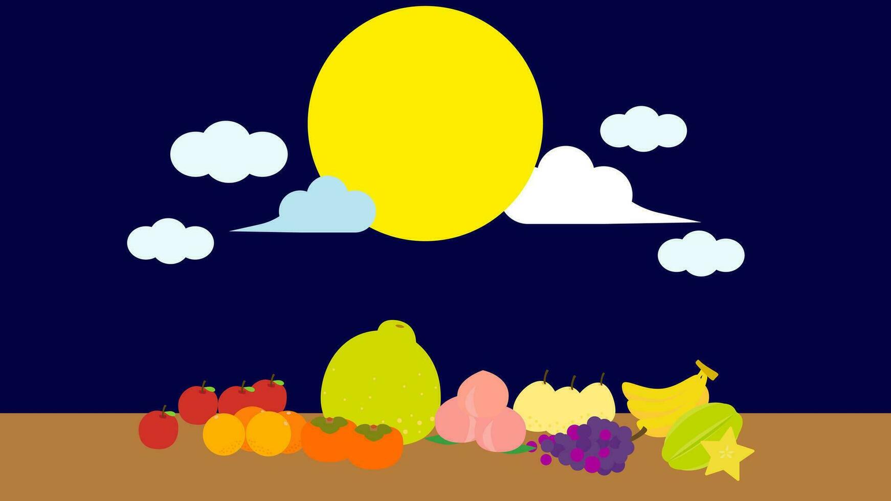 Karikatur mitte Herbst Festival Zeichnung. voll Tabelle von Festival Feier Essen und Obst zusammen mit voll Mond mit Wolken. eben Design Hintergrund, Vektor, Illustration, eps10 vektor