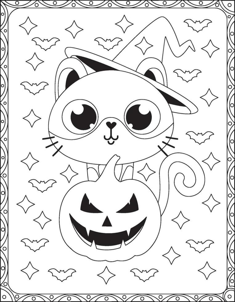 halloween färg sidor, halloween katt färg sidor för ungar, halloween illustration, halloween vektor, svart och vit, katt illustration vektor