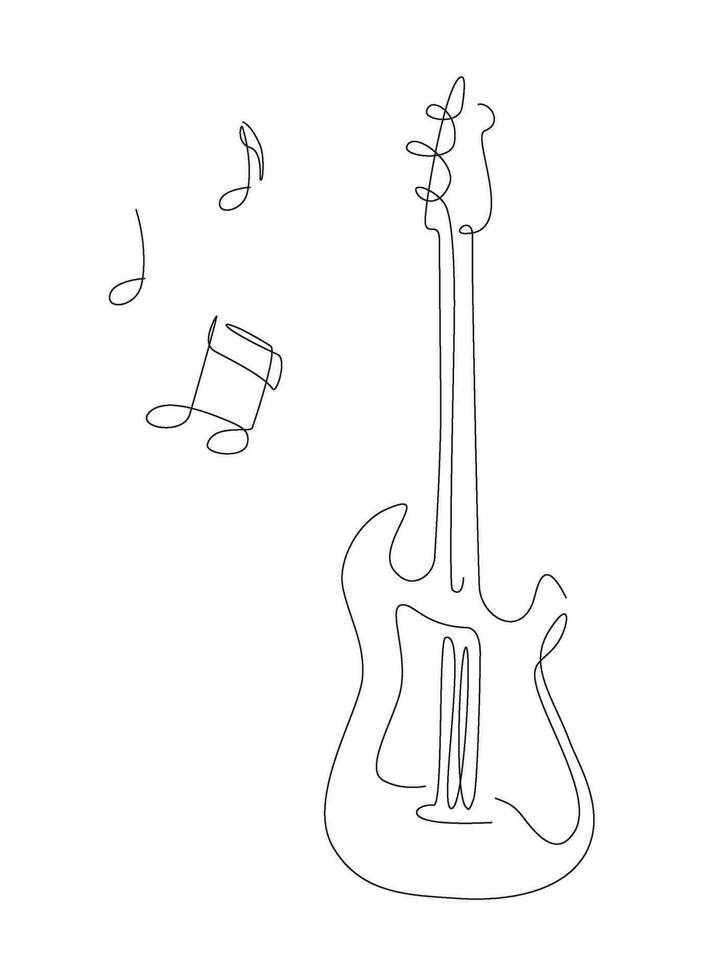 ett linje elektrisk gitarr illustration med anteckningar. sten musik band instrument linje konst. stål gitarr logotyp ikoner vektor design.