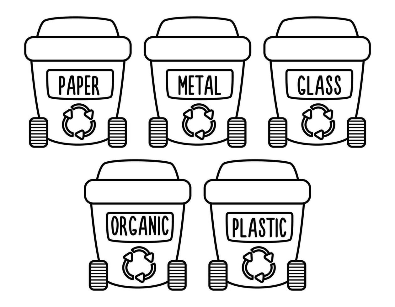 Vektor schwarz und Weiß Abfall Sortierung Behälter Symbol. Linie organisch, Papier, Metall, Glas, Plastik Müll Boxen. Erde Tag oder Null Abfall ökologisch Konzept. Müll oder Müll Recycling Behälter Färbung Seite