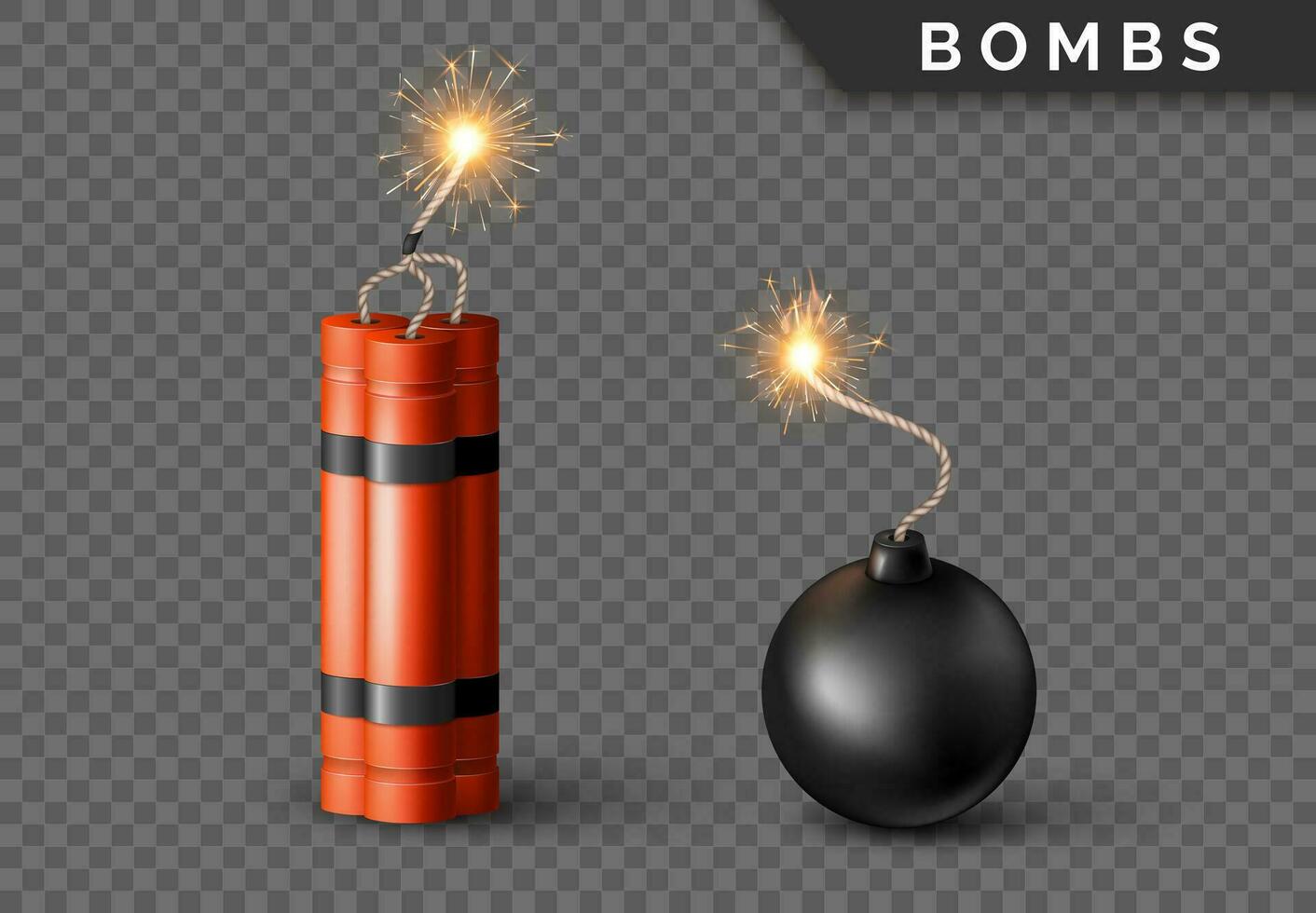 dynamit bomba med brinnande veke och svart sfär bomba. militär detonera röd vapen. vektor illustration